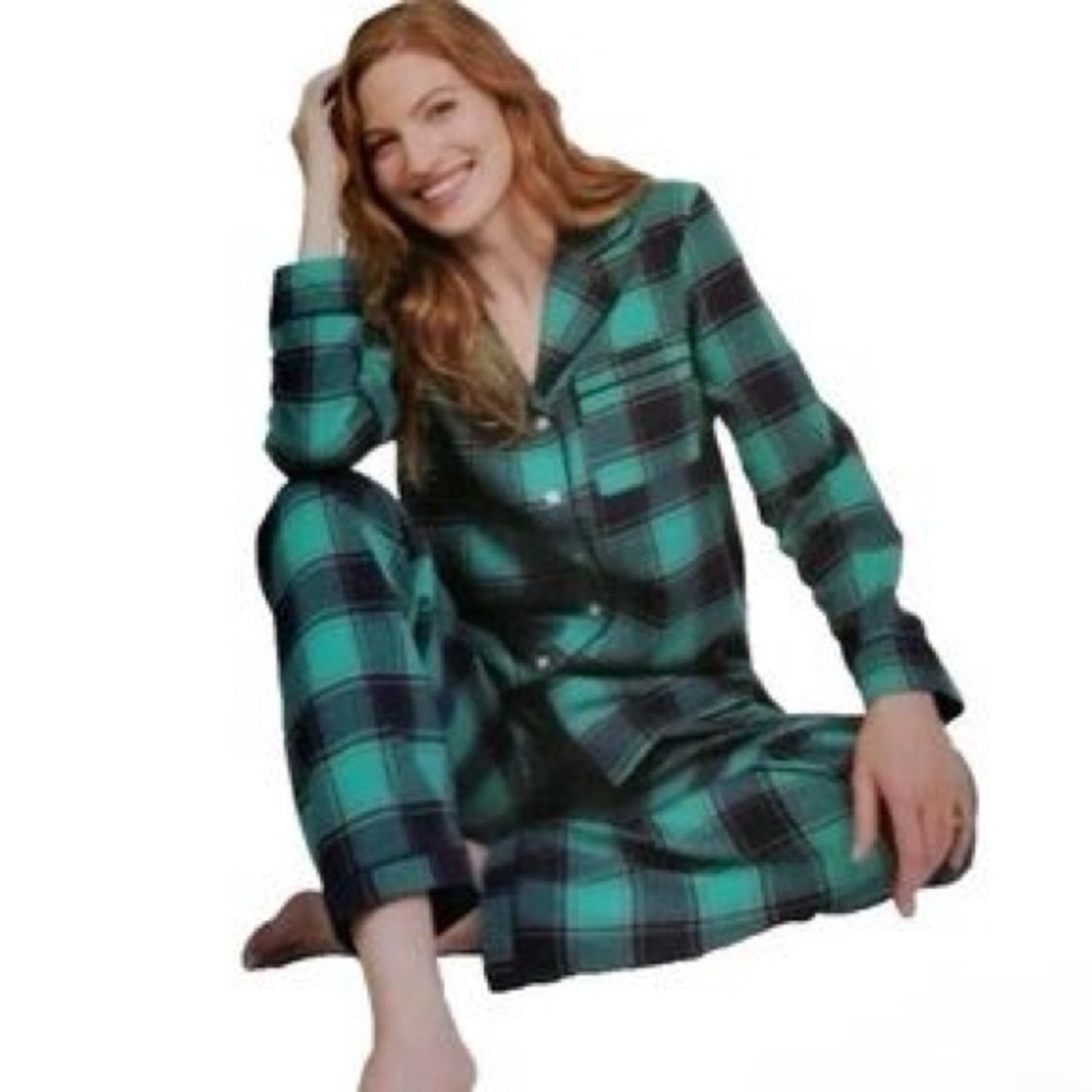 Lands End 100% Cotton Flannel Plaid Pajama Set Womens Sz S Green/Blue - Picture 6 of 6